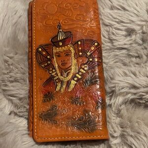 Hand-Painted Mongolian Leather and sWallet with Embossed Queen Motif -